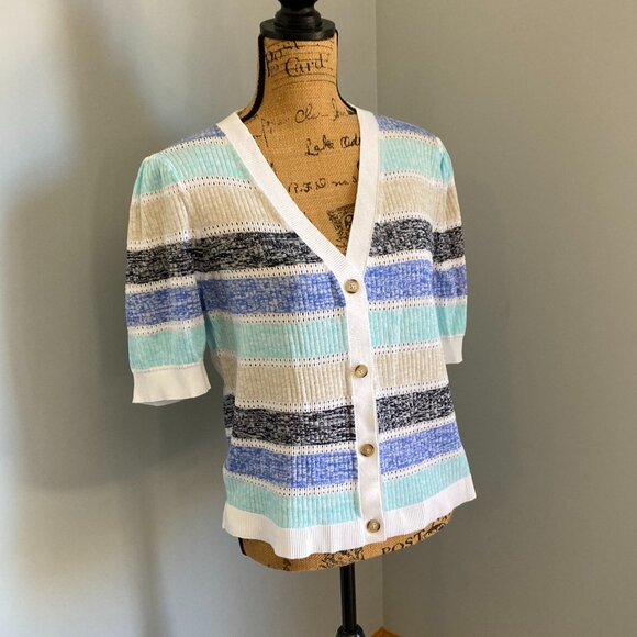Loft NWT Striped Puff Sleeve V-Neck Cardigan Top Women Size XL White Blue Gray - Picture 2 of 12